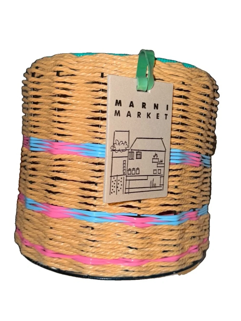 NWT MARNI MARKET BASKET Natural Woven Basket with Pink & Blue Trim